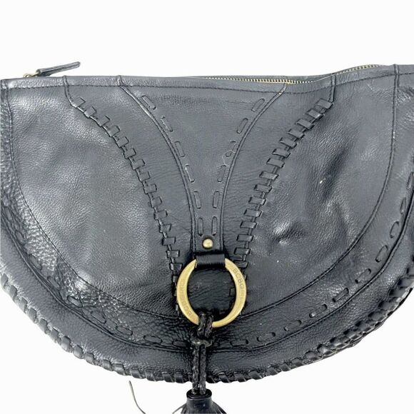 BCBGirls Black Leather Boho Southwestern Hobo Tassel Purse Whipstitch Handbag - Picture 3 of 9